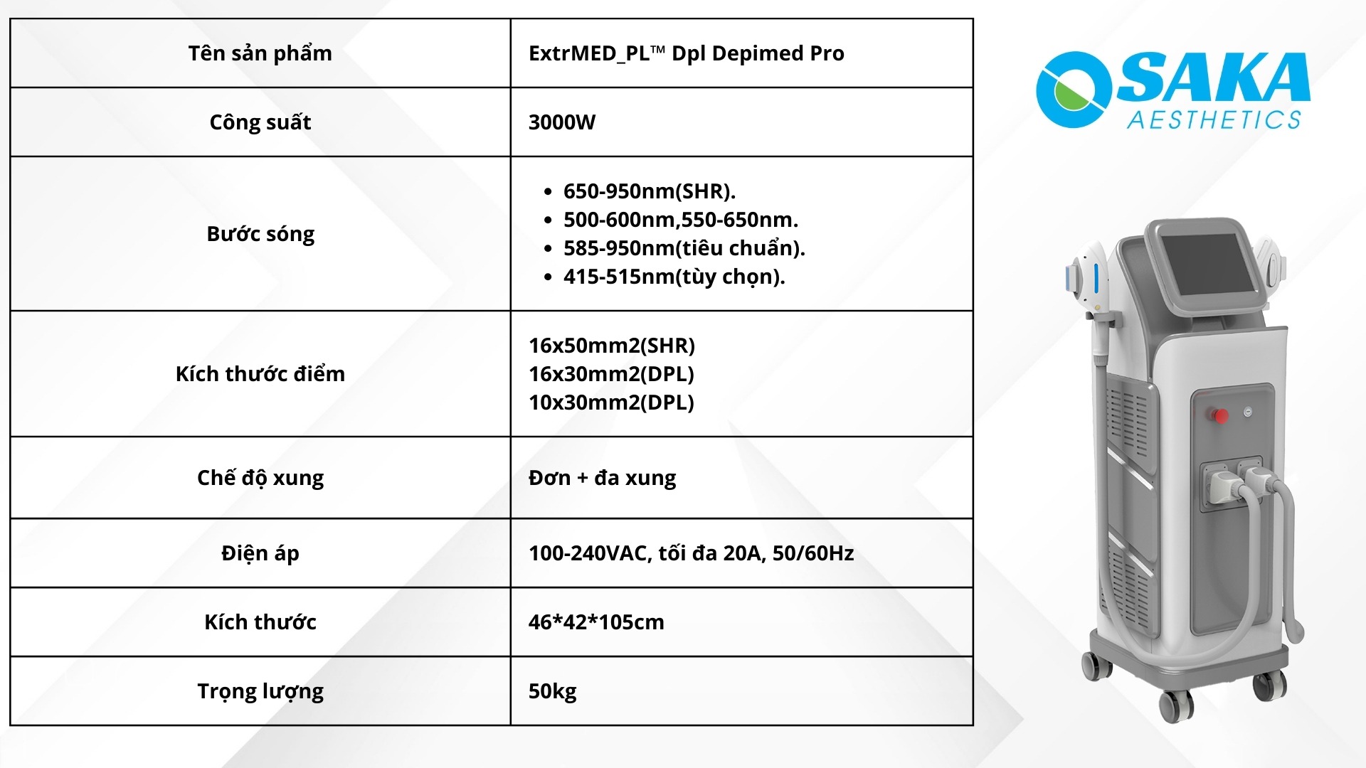 Thông số kỹ thuật máy triệt lông DPL Depimed Pro