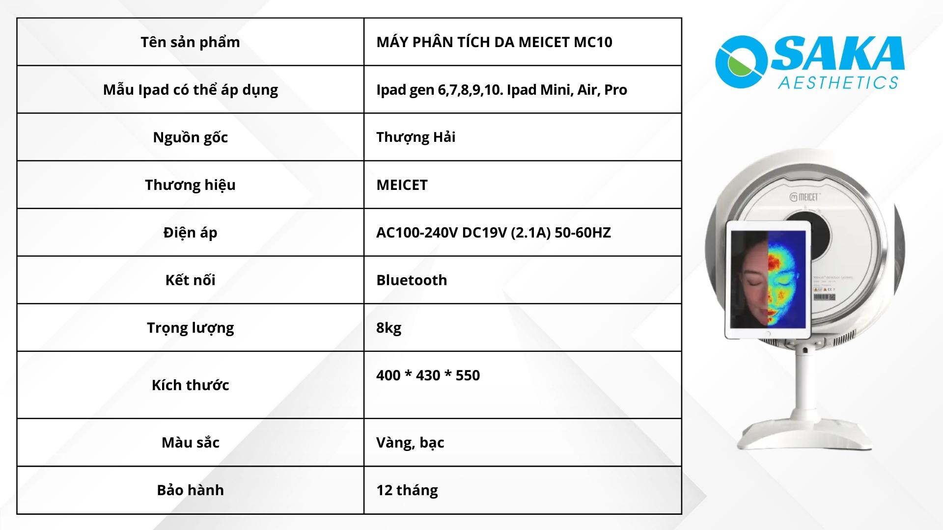 Thông số kỹ thuật máy phân tích da Meicet MC10