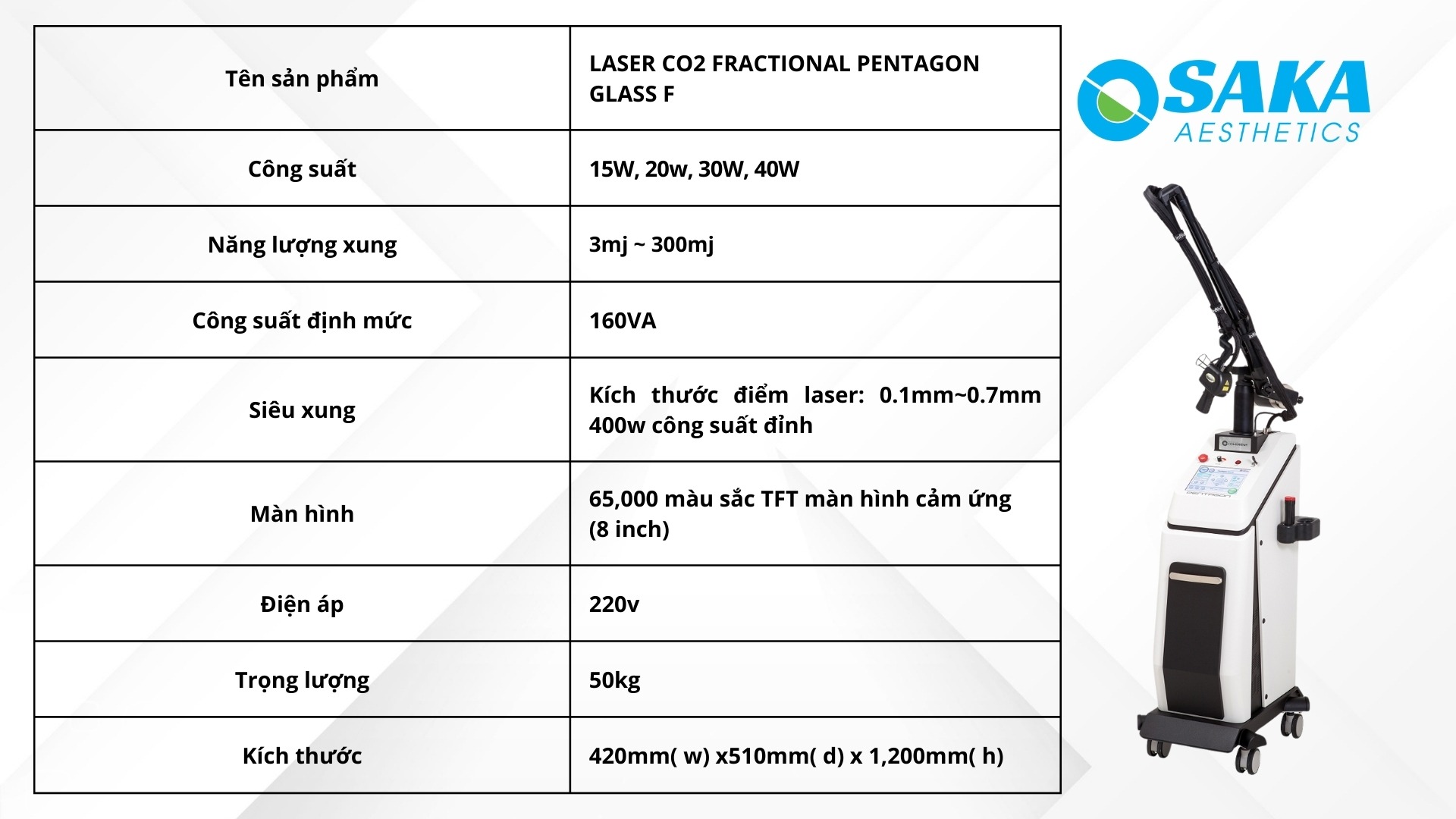 Thông số kỹ thuật của máy trị sẹo Laset CO2 Fractional Pentagon Glass F
