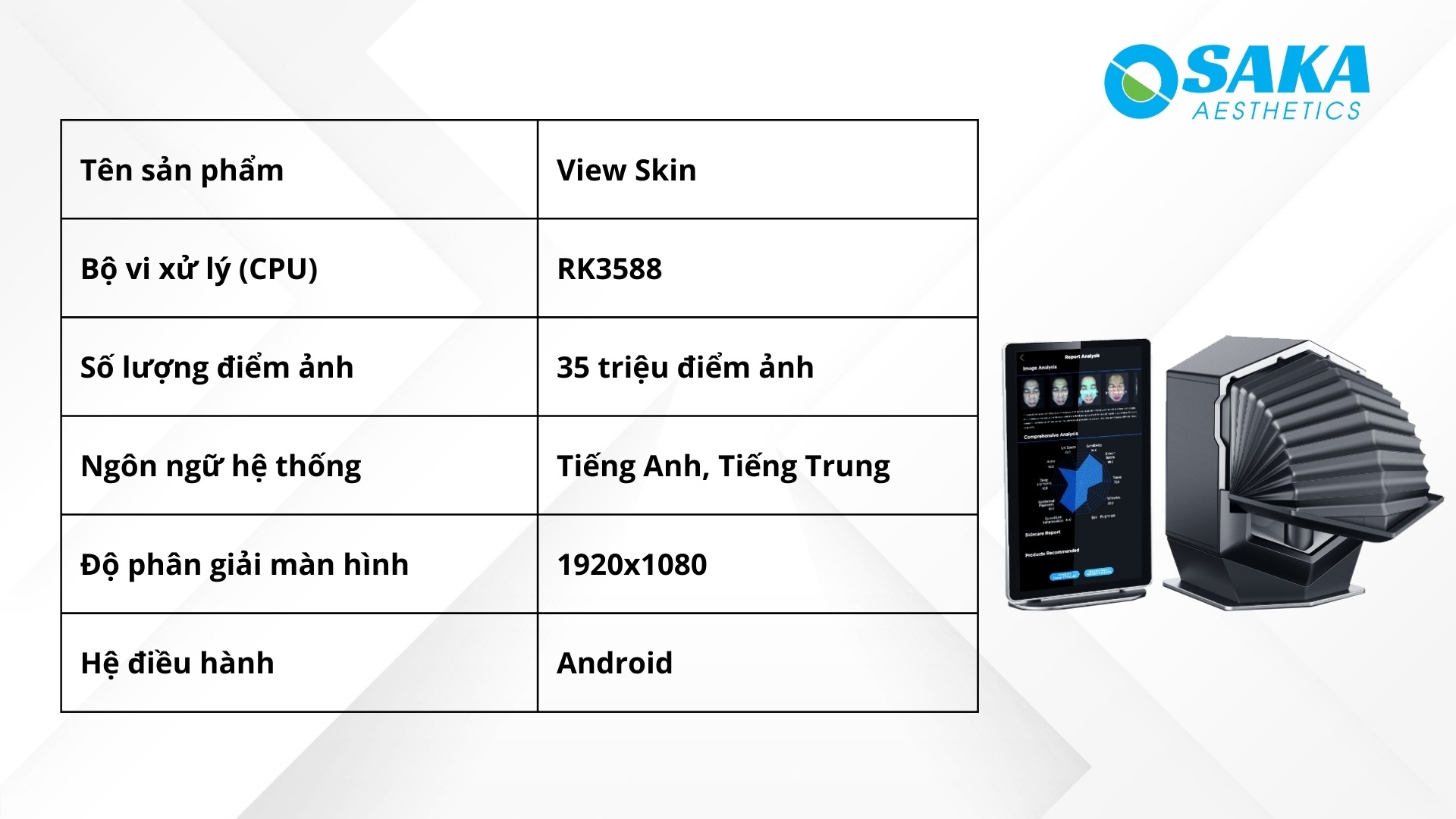 Thông số kỹ thuật máy phân tích da ViewSkin