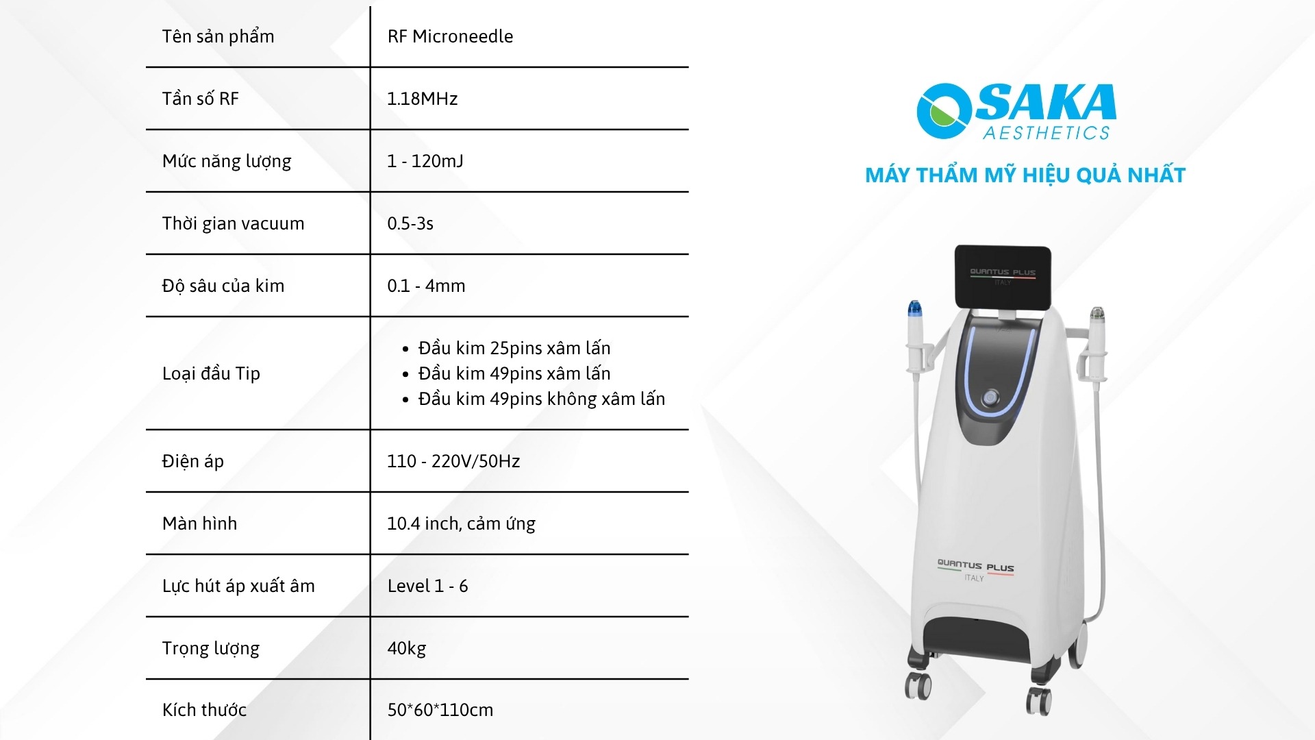 Thông Số Kỹ Thuật Máy RF Vi kim Quantus Plus Italy