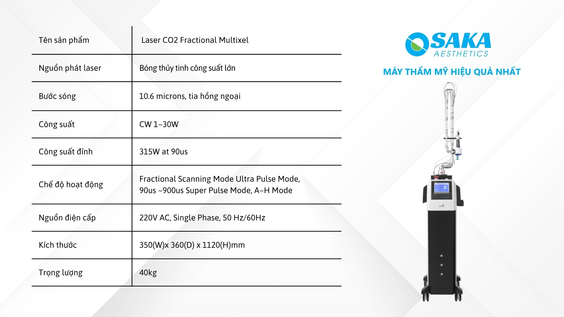 Thông số kỹ thuật Laser CO2 Fractional Multixel