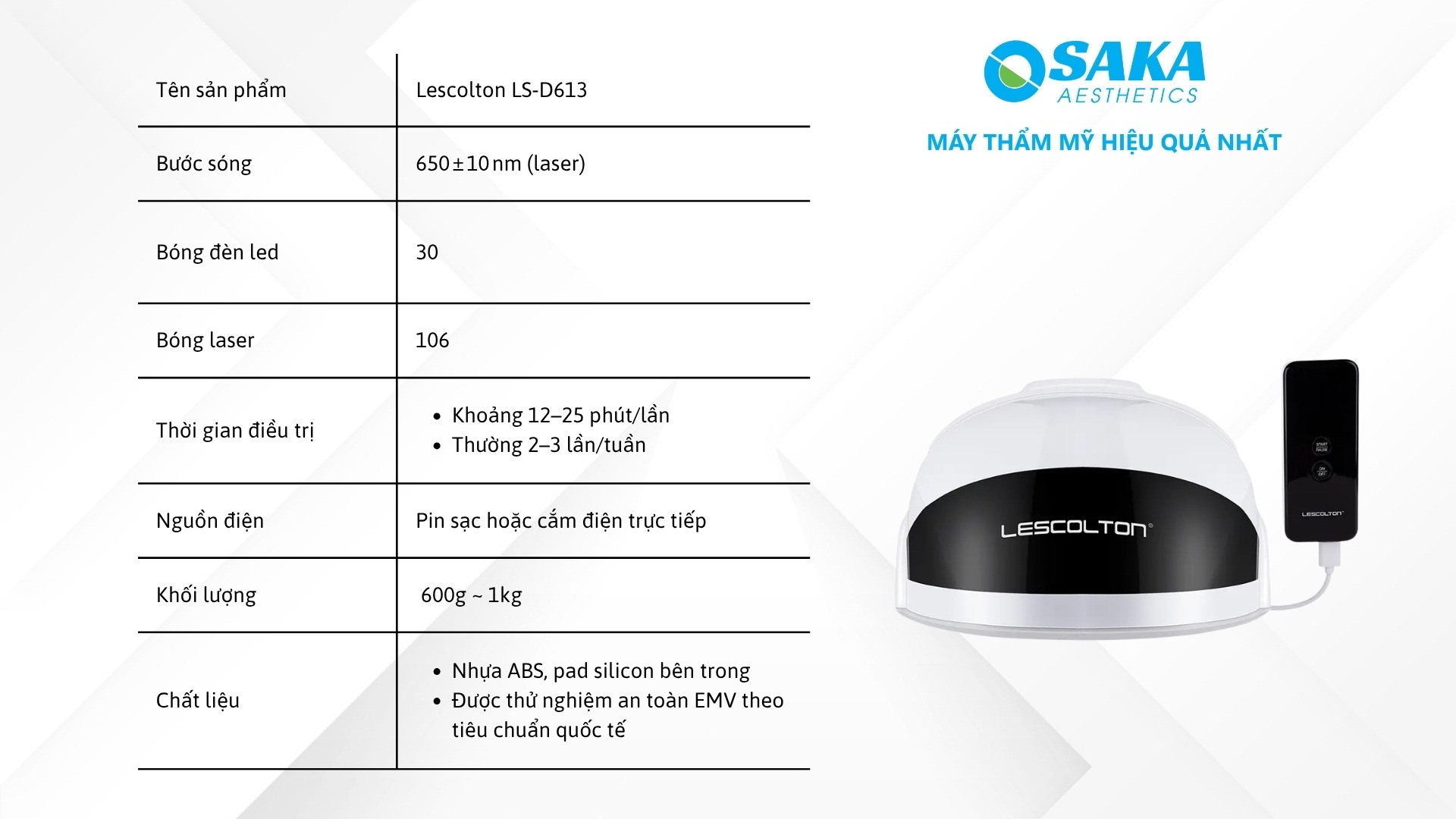 Thông số kỹ thuật Nón Laser Mọc Tóc Giảm Dầu Chân Tóc – LESCOLTON LS‑D613
