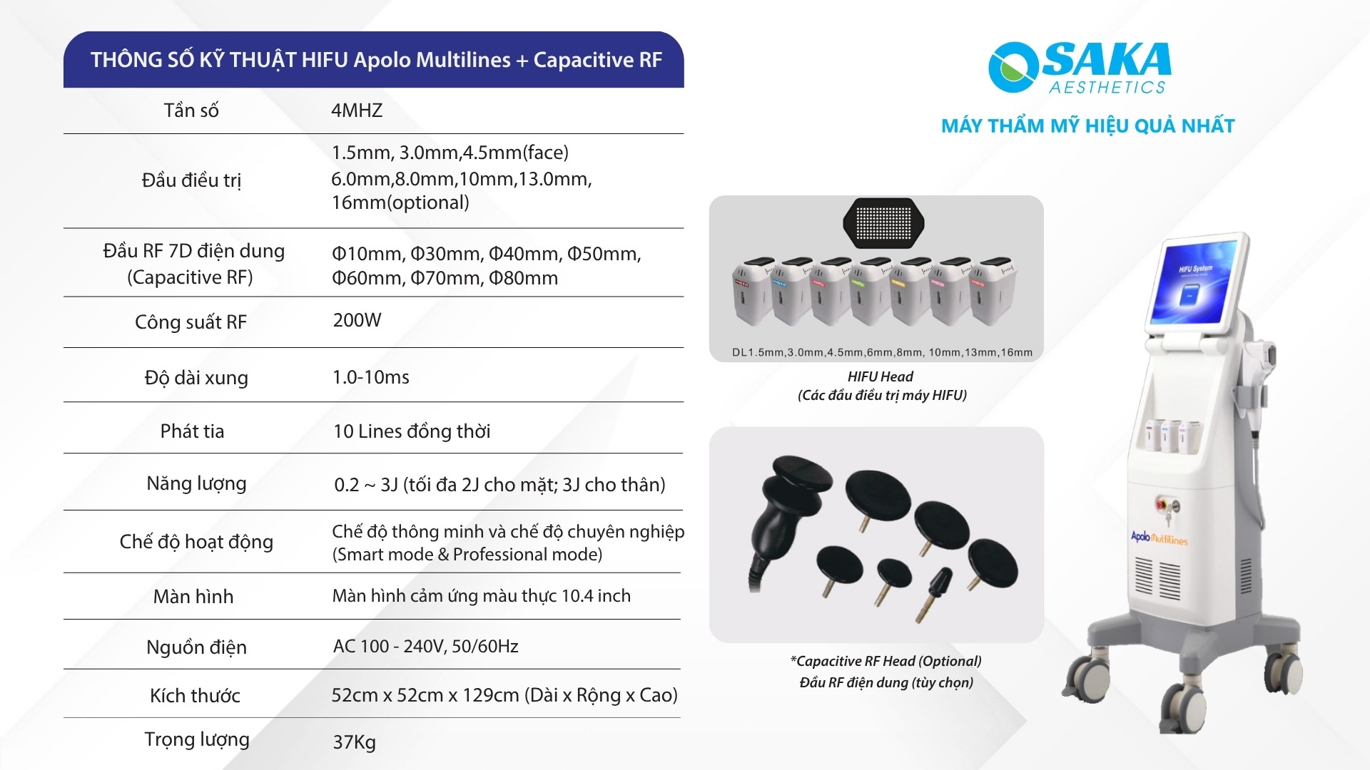 Thông số kỹ thuật Máy nâng cơ HIFU Apolo Multilines kết hợp RF